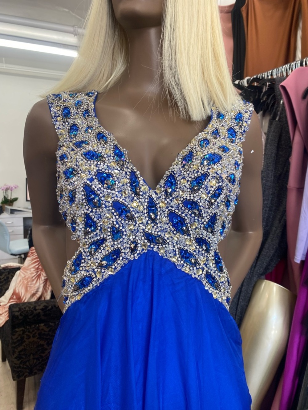 Royal Blue Beaded V-Neck Evening Dress